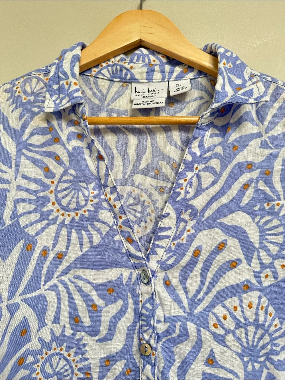 Nicole Miller 100% Linen Long Sleeve Shell Pattern Printed Blouse Women’s Large - Picture 3 of 12
